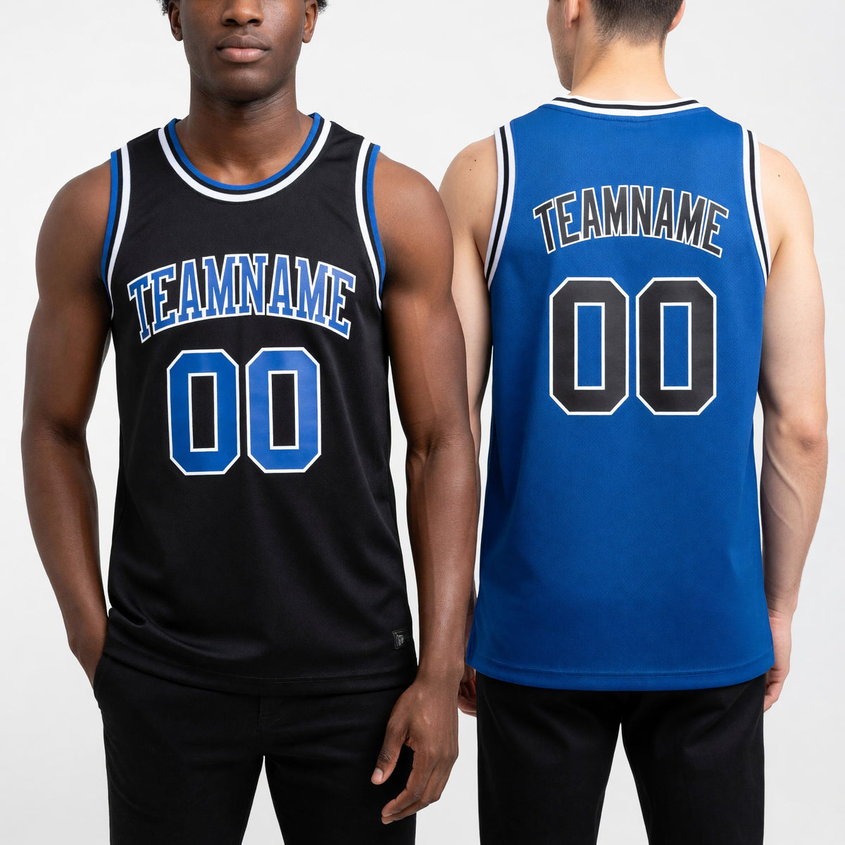 Custom Reversible Black Royal-White Double Side Sublimation Basketball Set Jersey worn front and back