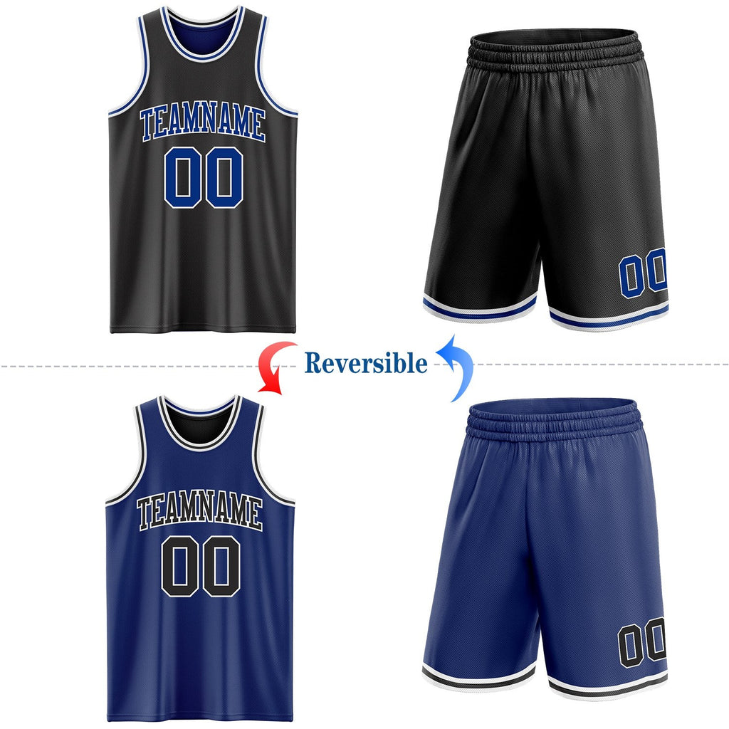 Custom Reversible Black Royal-White Double Side Sublimation Basketball Set Jersey photo 2