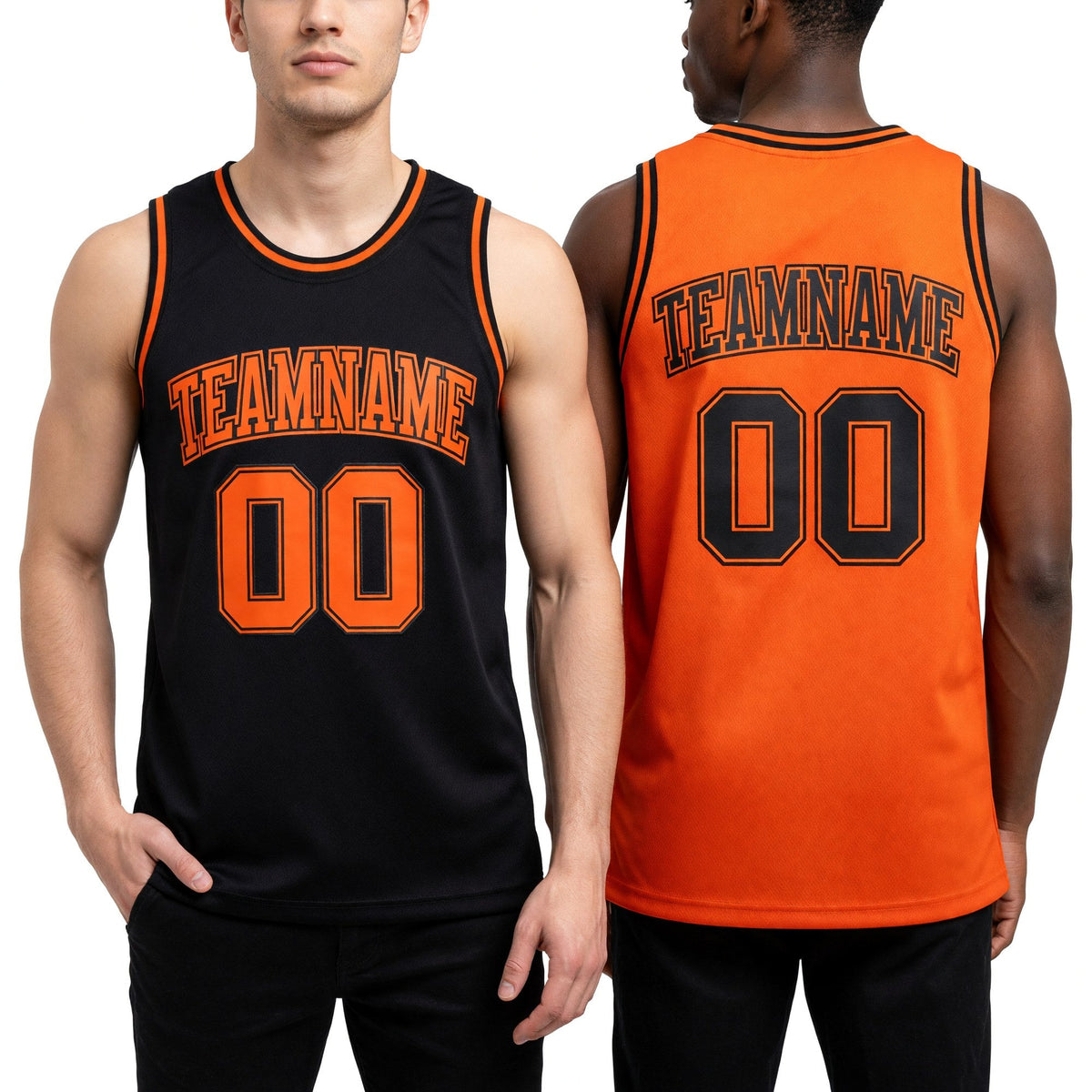 Custom Reversible Black Orange Double Side Sublimation Basketball Set Jersey worn front and back