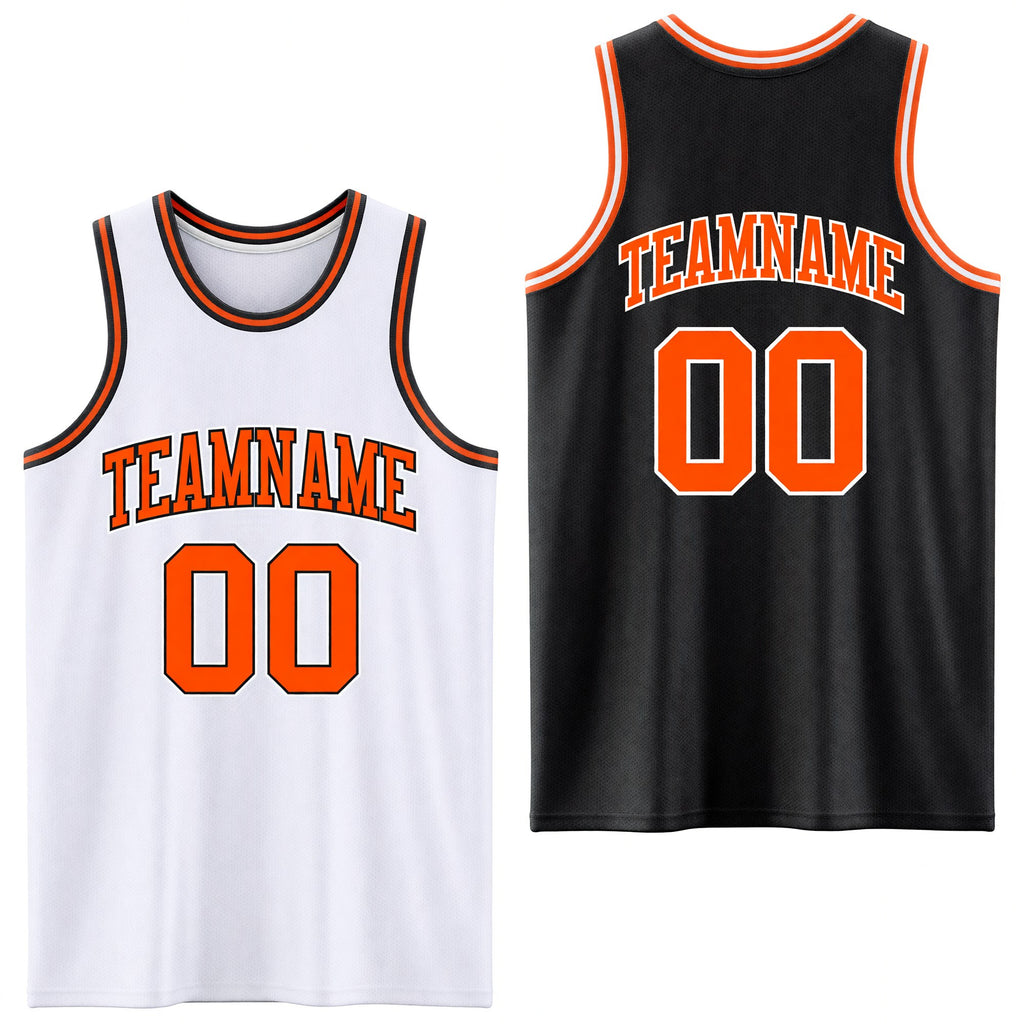 Custom Reversible Black Orange-White Double Side Sublimation Basketball Set Jersey