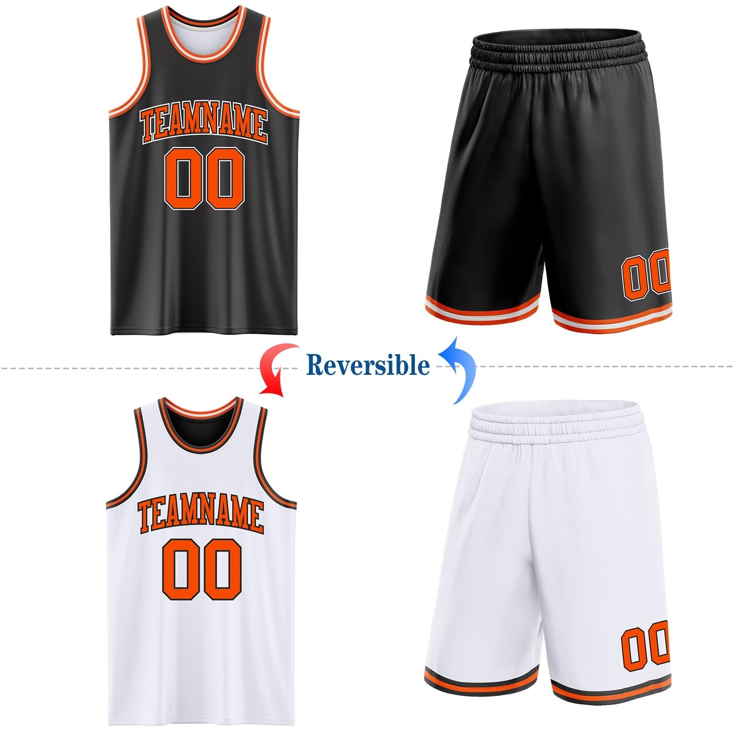 Custom Reversible Black Orange-White Double Side Sublimation Basketball Set Jersey photo 2