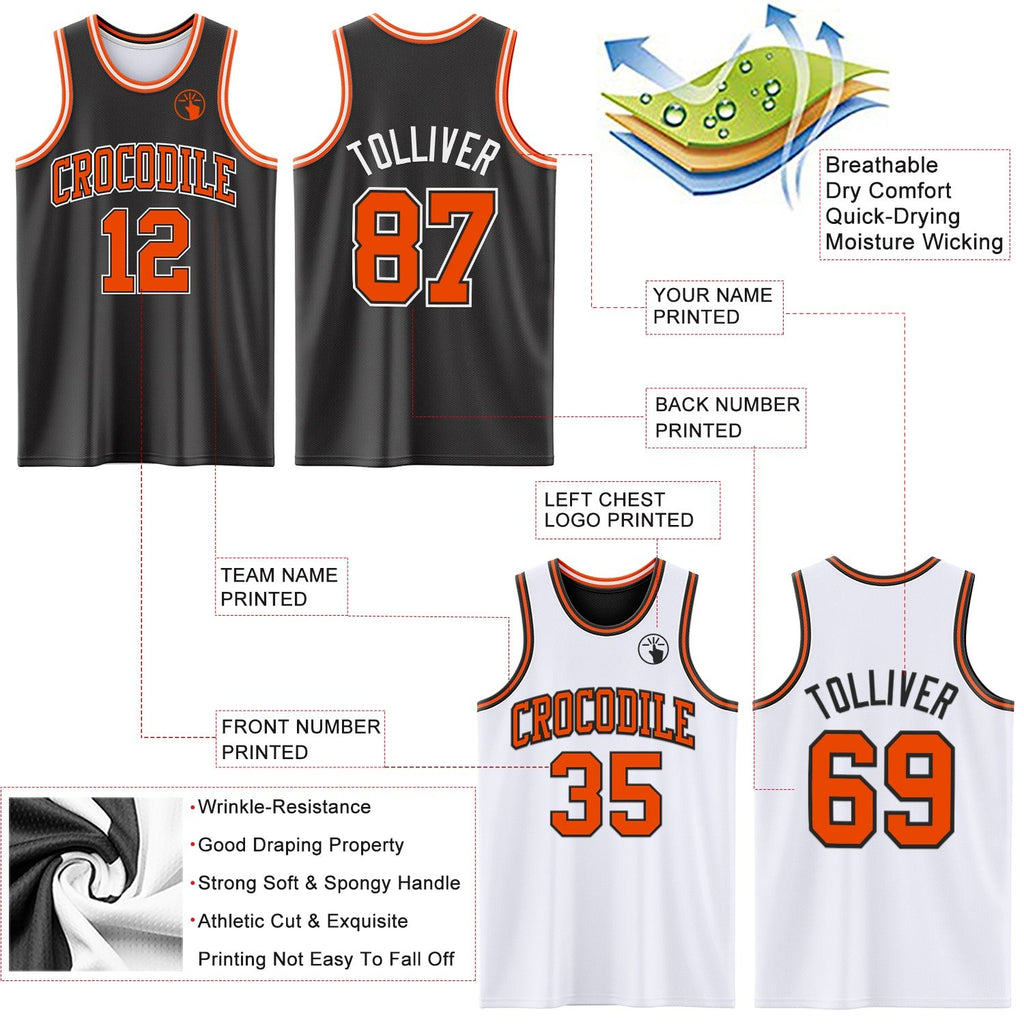 Custom Reversible Black Orange-White Double Side Sublimation Basketball Set Jersey photo 5