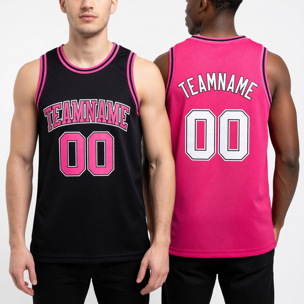 Custom Reversible Black Pink-White Double Side Sublimation Basketball Set Jersey worn front and back