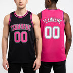 Custom Reversible Black Pink-White Double Side Sublimation Basketball Set Jersey worn front and back