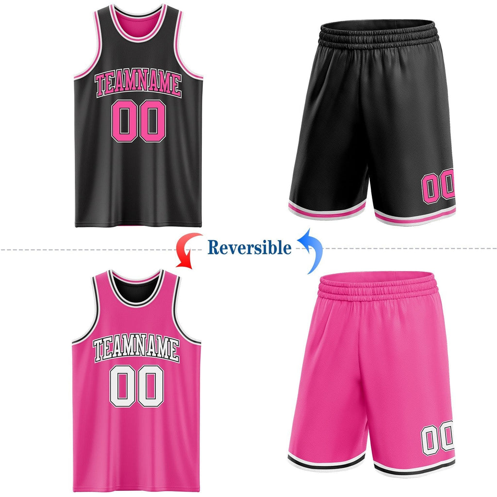 Custom Reversible Black Pink-White Double Side Sublimation Basketball Set Jersey photo 2