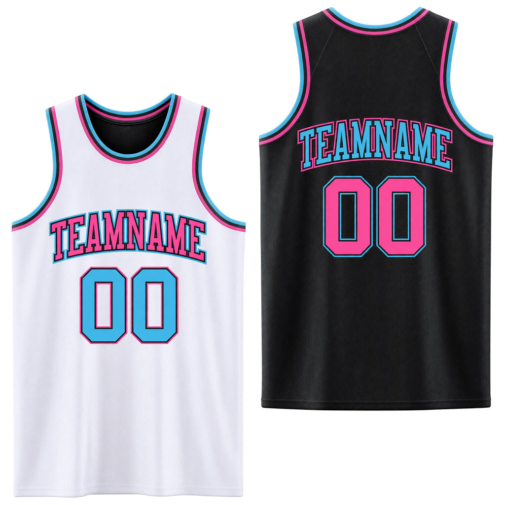 Custom Reversible Black Pink-Sky Blue Double Side Sublimation Basketball Set Jersey