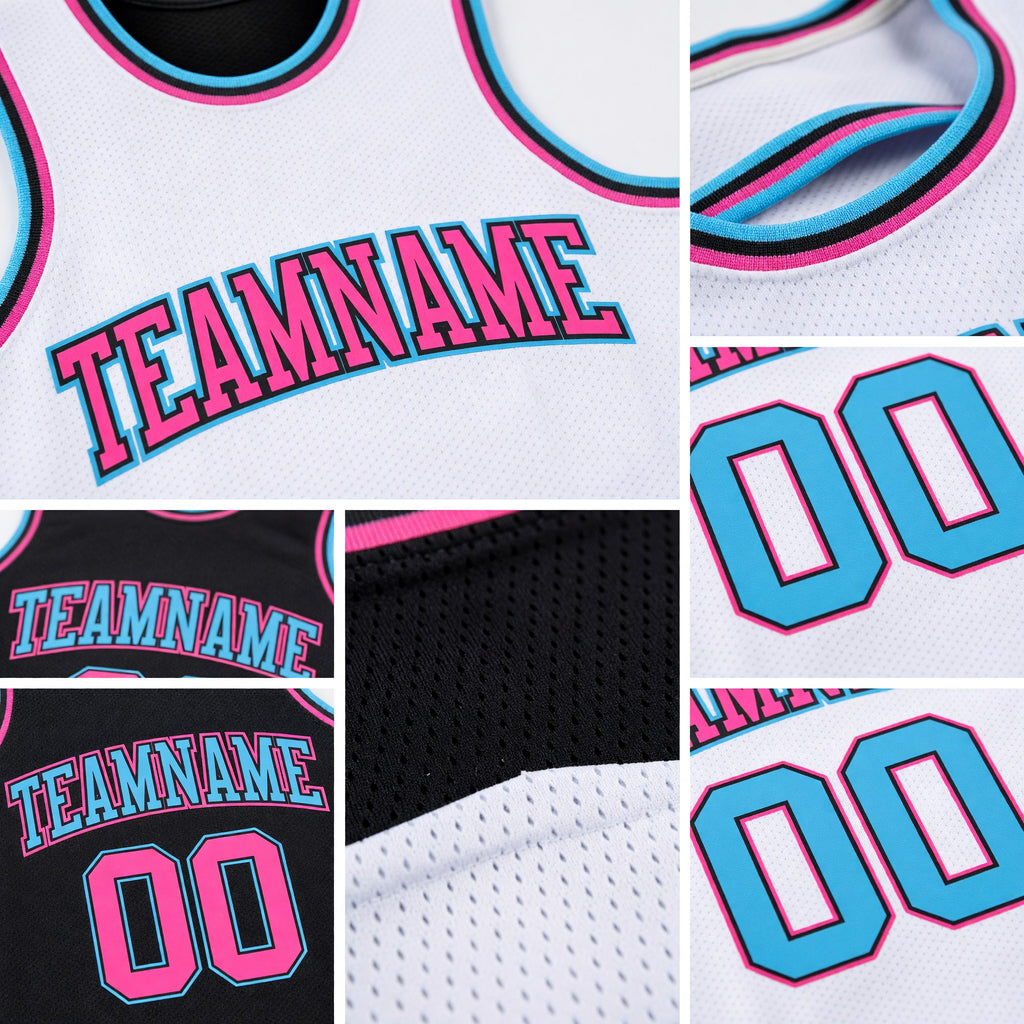 Custom Reversible Black Pink-Sky Blue Double Side Sublimation Basketball Set Jersey detail