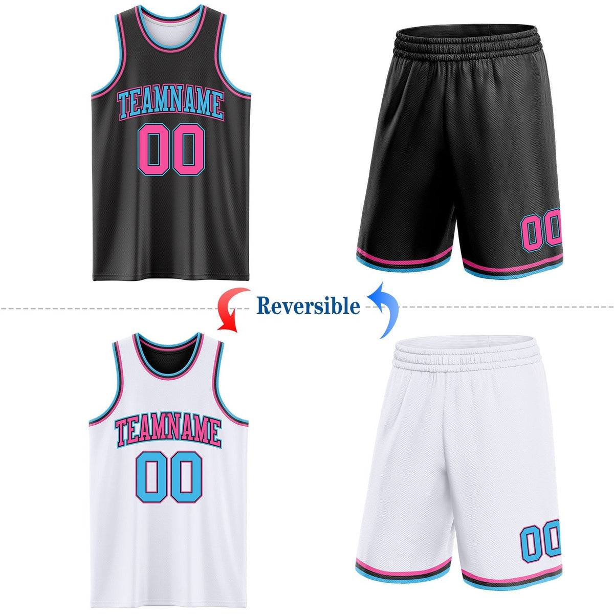 Custom Reversible Black Pink-Sky Blue Double Side Sublimation Basketball Set Jersey photo 2