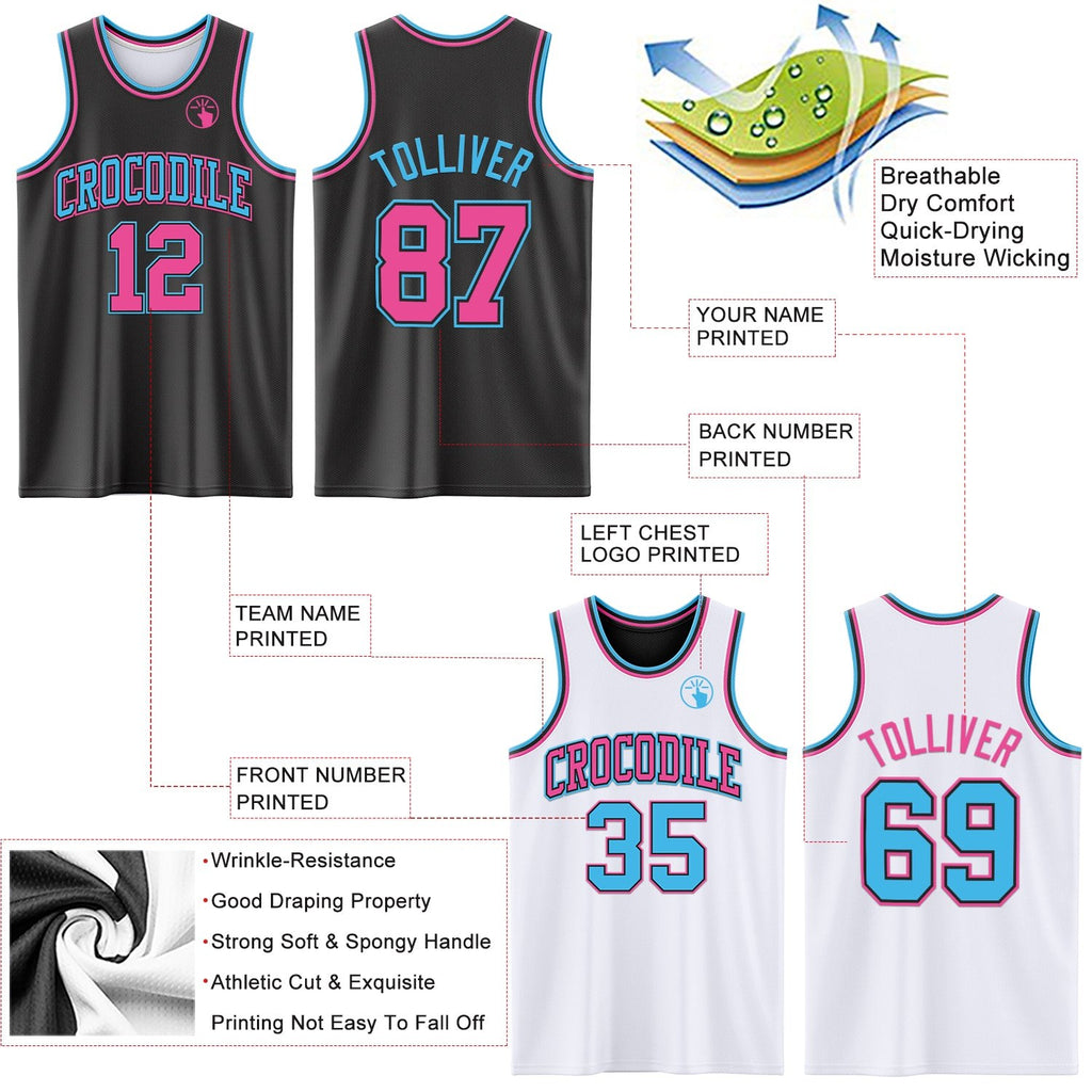 Custom Reversible Black Pink-Sky Blue Double Side Sublimation Basketball Set Jersey photo 5