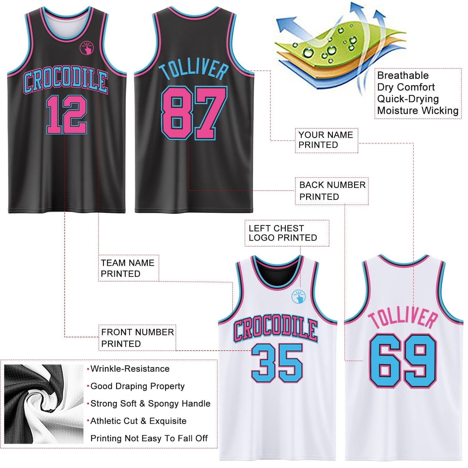Custom Reversible Black Pink-Sky Blue Double Side Sublimation Basketball Set Jersey photo 5