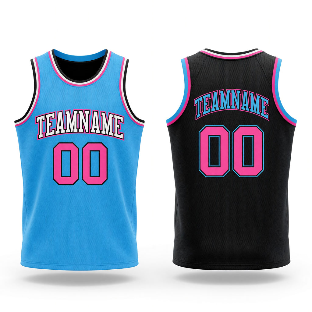 Custom Reversible Black Pink-Sky Blue Double Side Sublimation Basketball Set Jersey