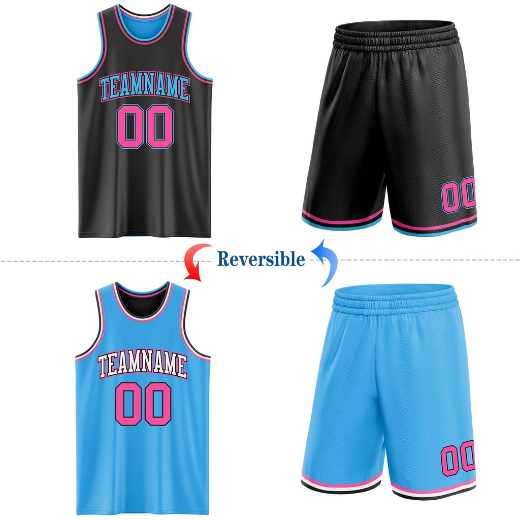 Custom Reversible Black Pink-Sky Blue Double Side Sublimation Basketball Set Jersey photo 2