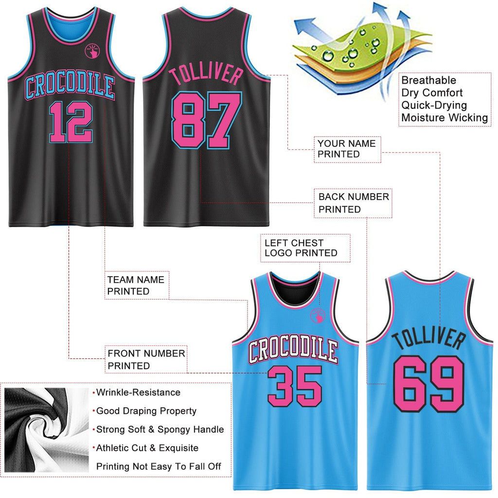 Custom Reversible Black Pink-Sky Blue Double Side Sublimation Basketball Set Jersey photo 5