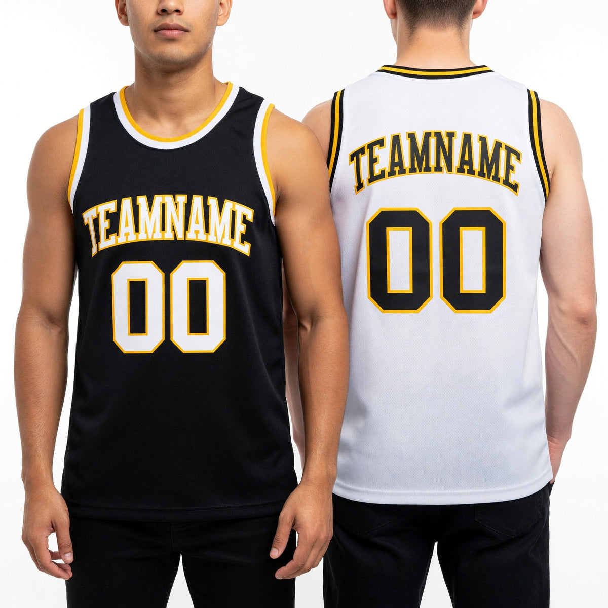 Custom Reversible Black White-Gold Double Side Sublimation Basketball Set Jersey worn front and back