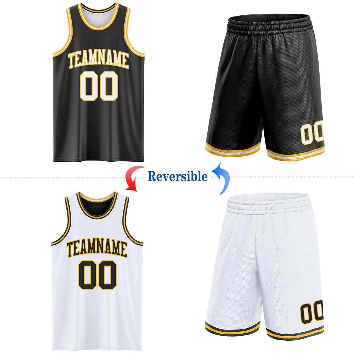 Custom Reversible Black White-Gold Double Side Sublimation Basketball Set Jersey photo 2