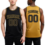 Custom Reversible Black Old Gold Double Side Sublimation Basketball Set Jersey worn front and back