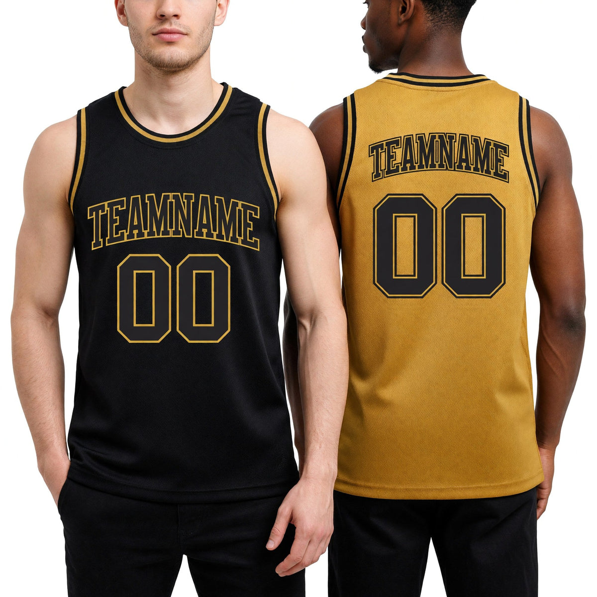 Custom Reversible Black Old Gold Double Side Sublimation Basketball Set Jersey worn front and back