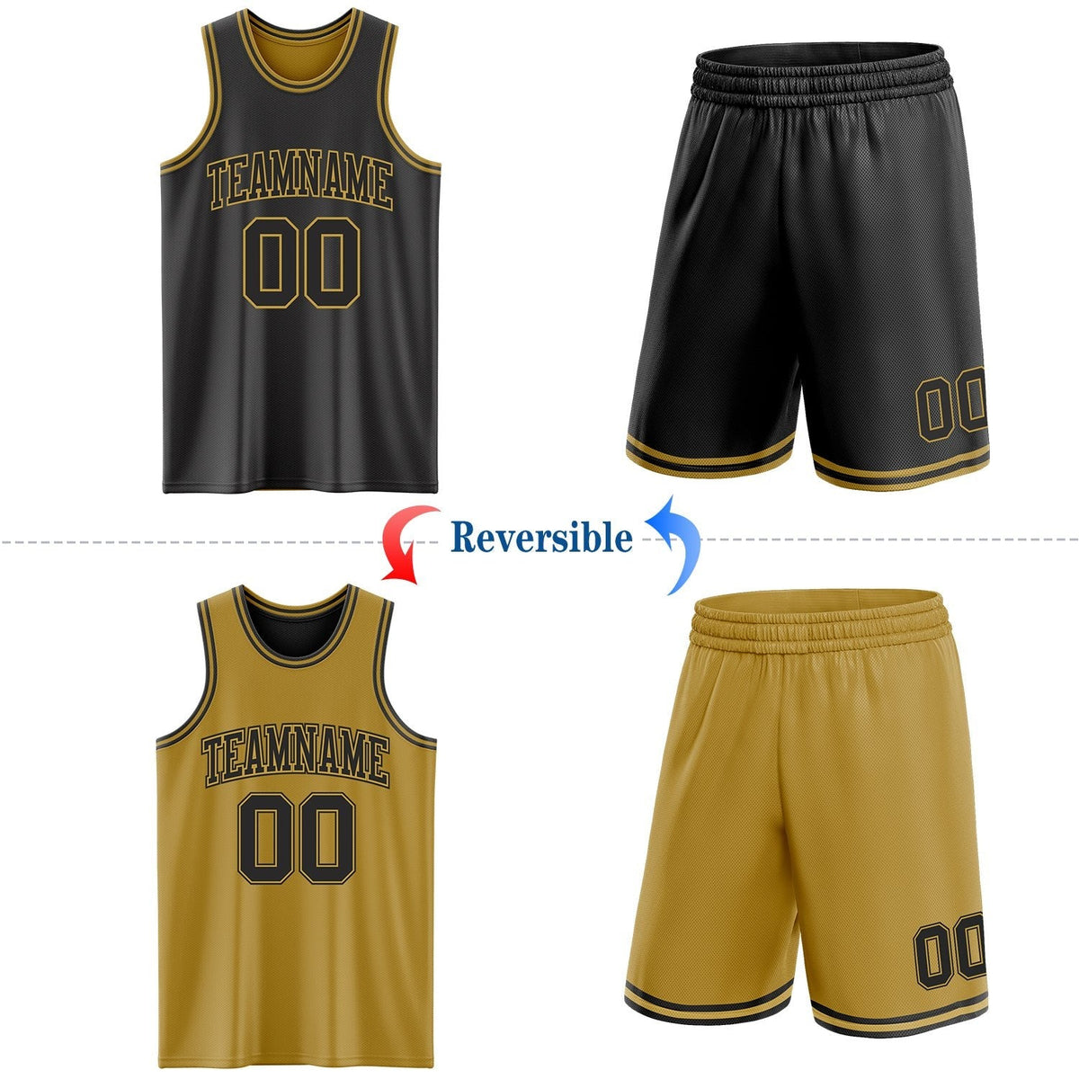 Custom Reversible Black Old Gold Double Side Sublimation Basketball Set Jersey photo 2