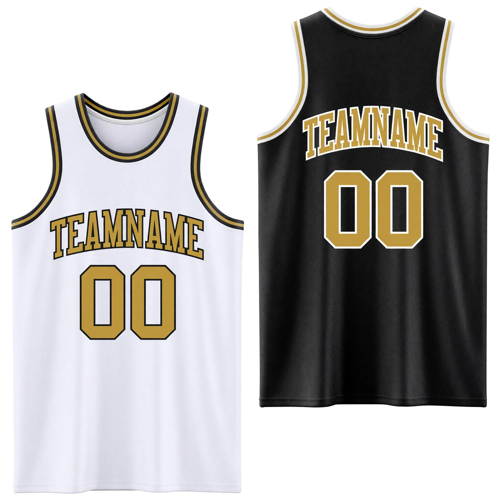 Custom Reversible Black Old Gold-White Double Side Sublimation Basketball Set Jersey