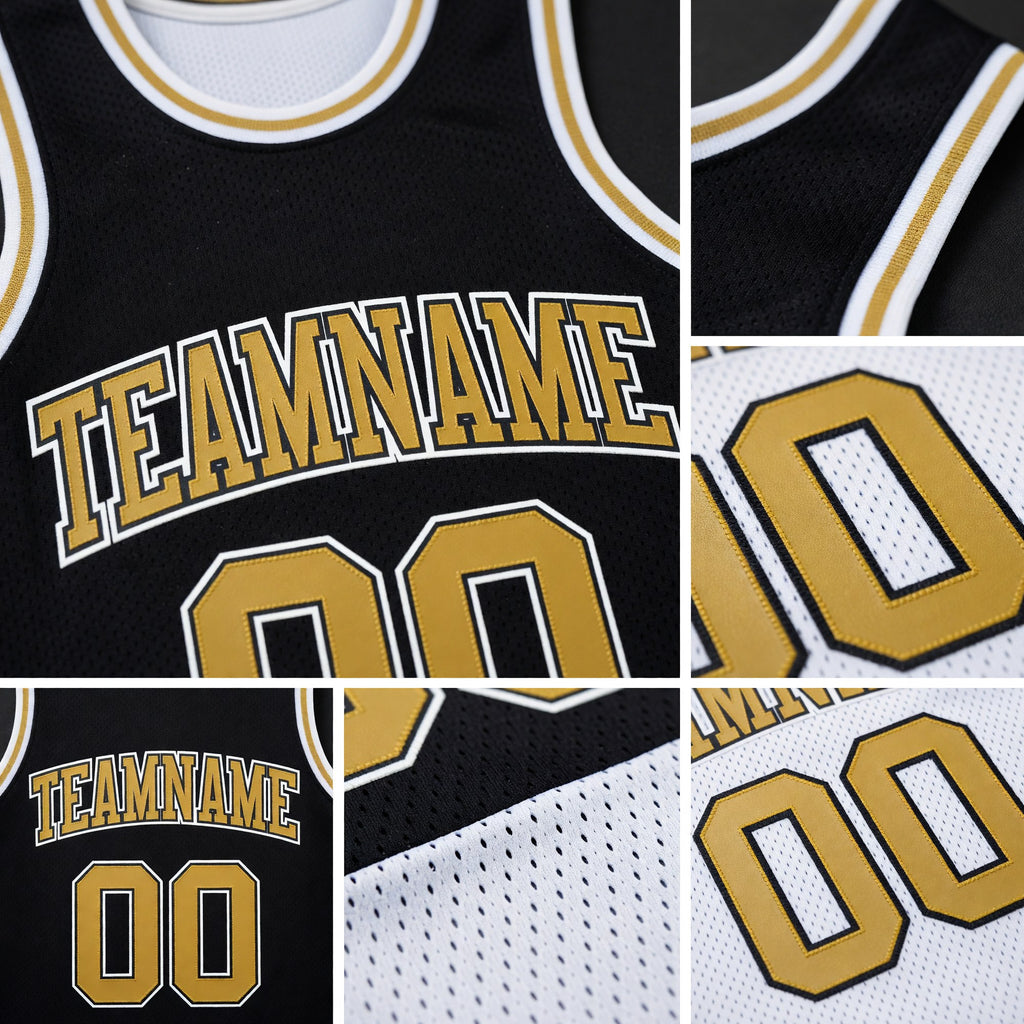 Custom Reversible Black Old Gold-White Double Side Sublimation Basketball Set Jersey detail