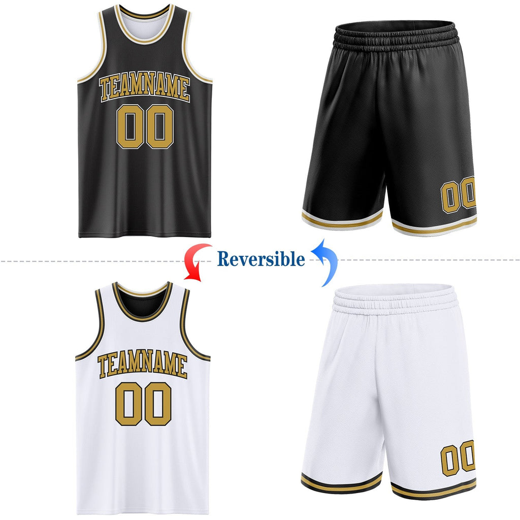 Custom Reversible Black Old Gold-White Double Side Sublimation Basketball Set Jersey photo 2