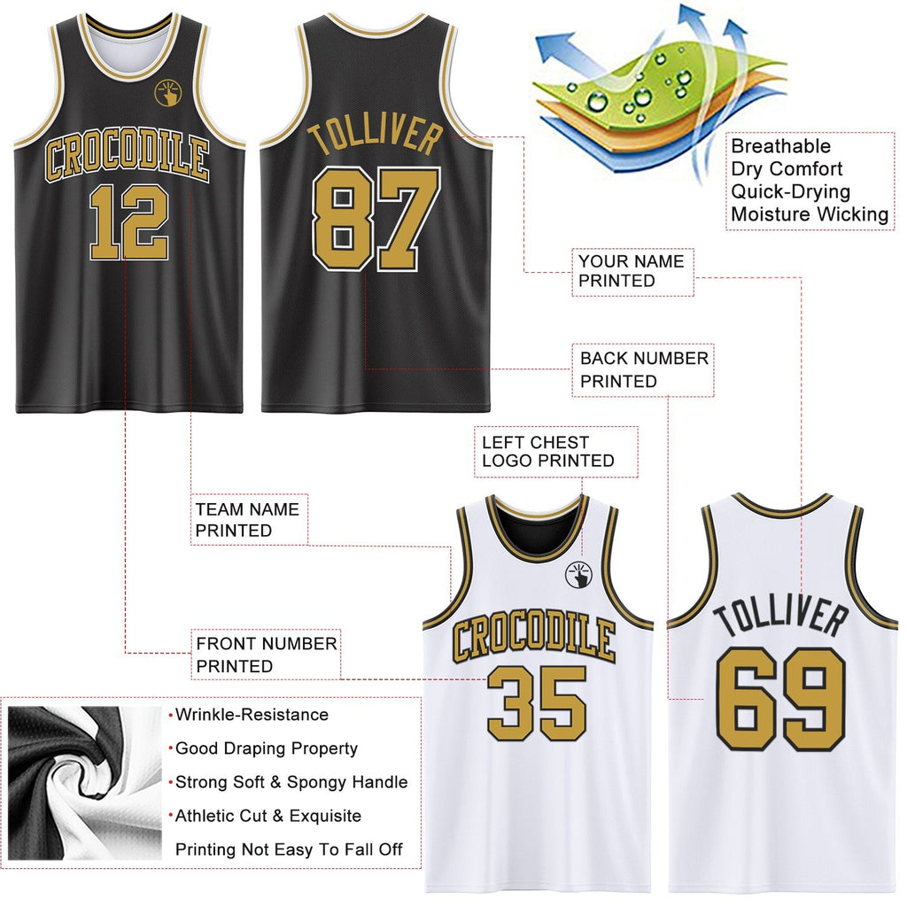 Custom Reversible Black Old Gold-White Double Side Sublimation Basketball Set Jersey photo 5