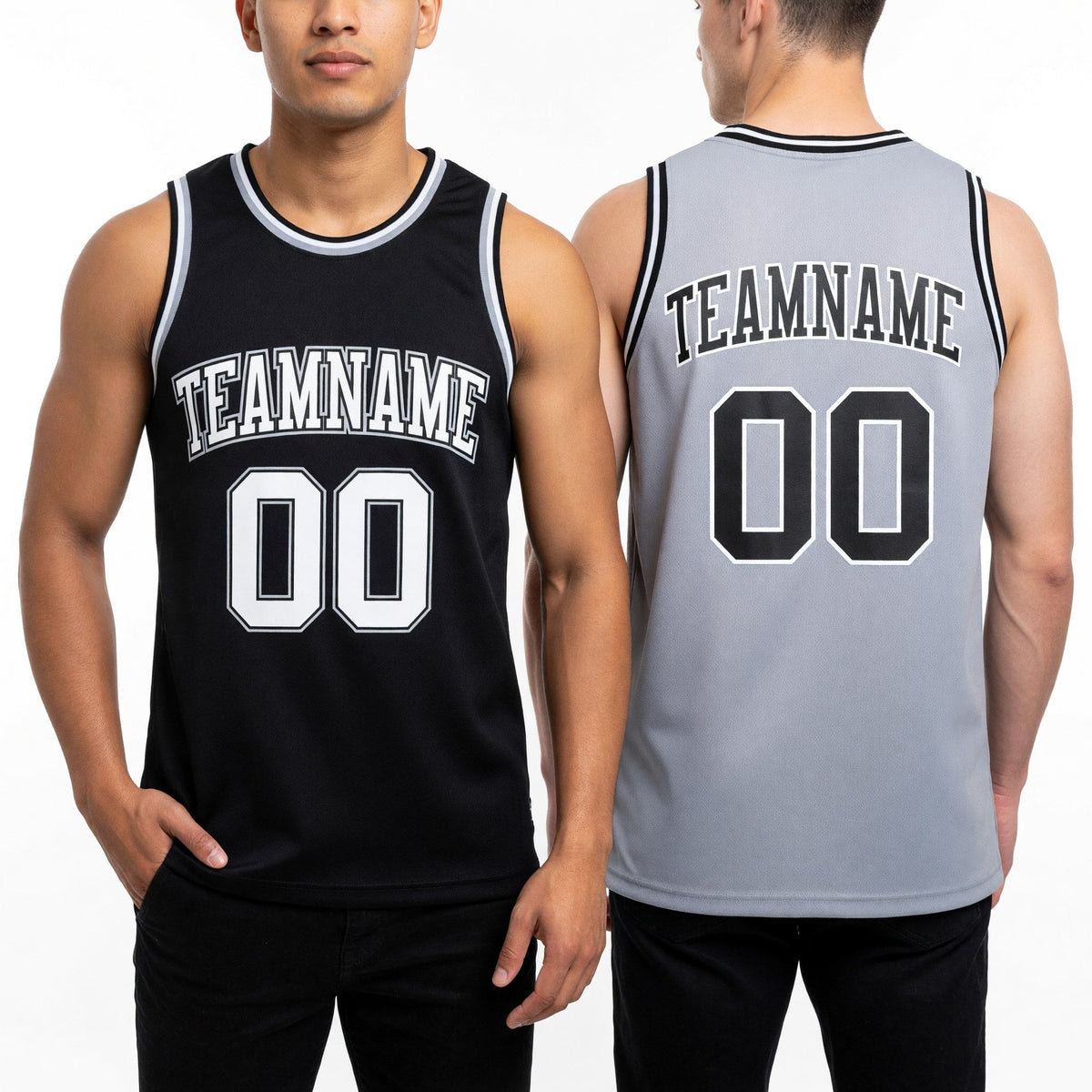 Custom Reversible Black White-Gray Double Side Sublimation Basketball Set Jersey worn front and back