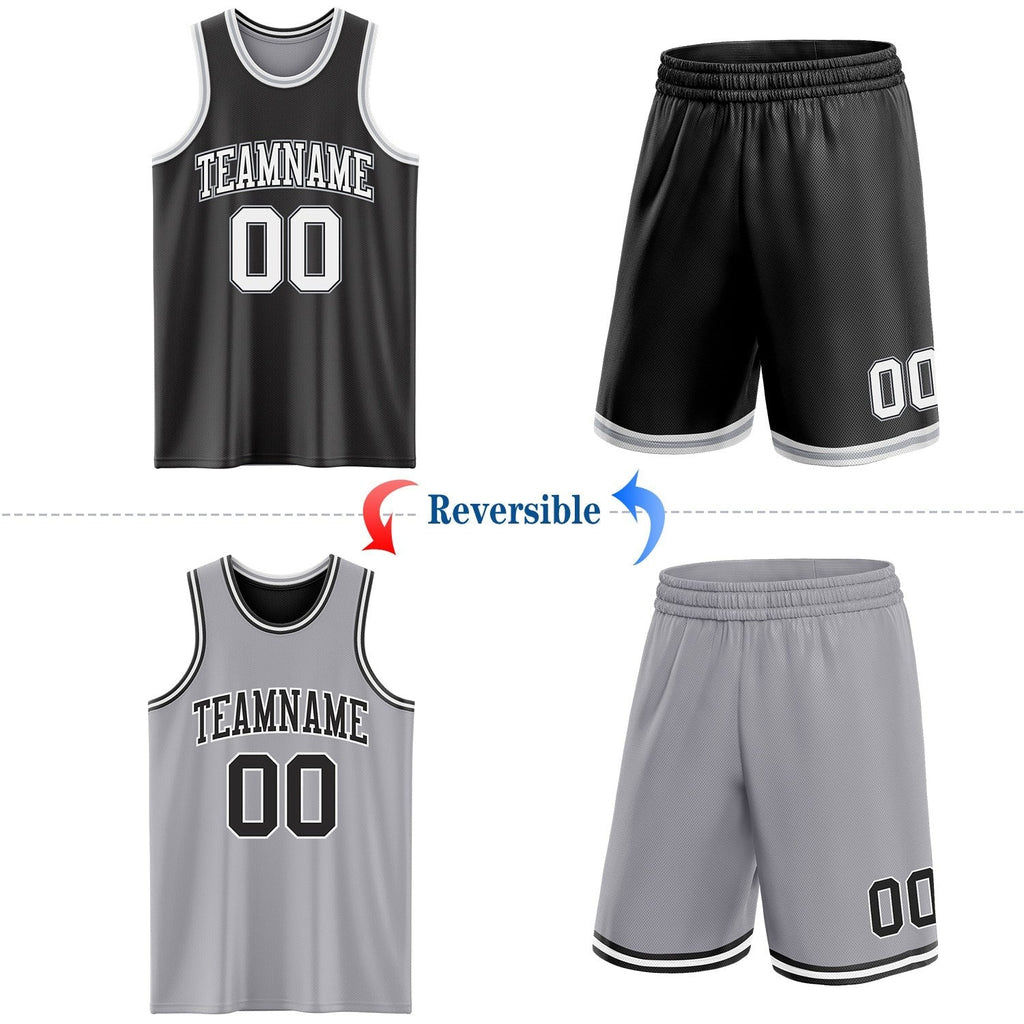 Custom Reversible Black White-Gray Double Side Sublimation Basketball Set Jersey photo 2