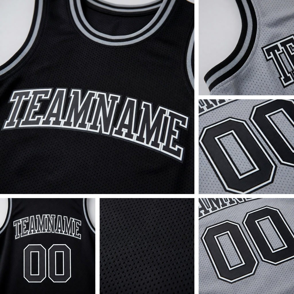 Custom Reversible Black Gray Double Side Sublimation Basketball Set Jersey detail