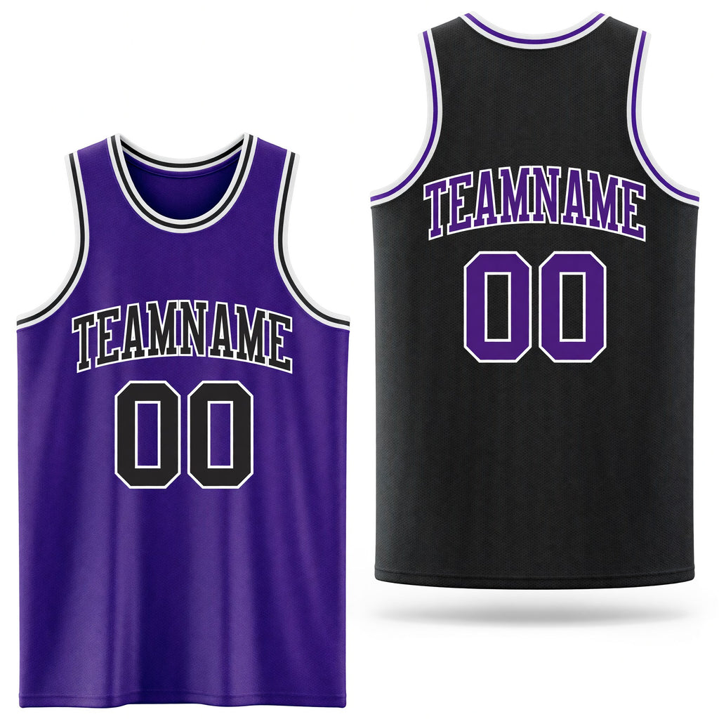 Custom Reversible Black Purple-White Double Side Sublimation Basketball Set Jersey