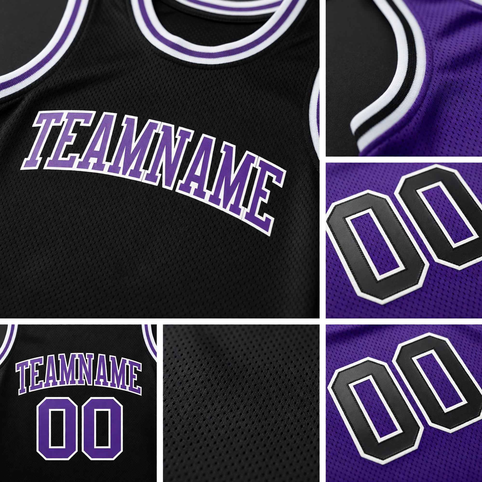 Custom Reversible Black Purple-White Double Side Sublimation Basketball Set Jersey detail