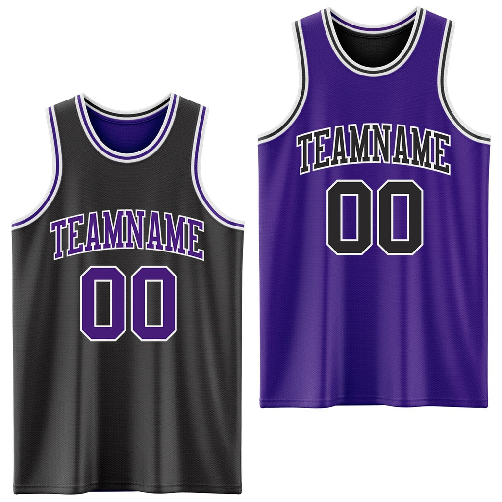 Custom Reversible Black Purple-White Double Side Sublimation Basketball Set Jersey photo 1