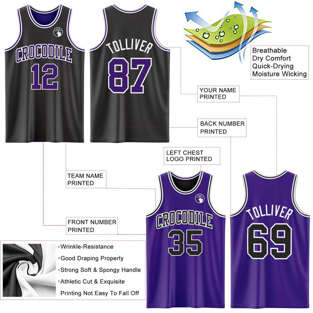 Custom Reversible Black Purple-White Double Side Sublimation Basketball Set Jersey photo 5