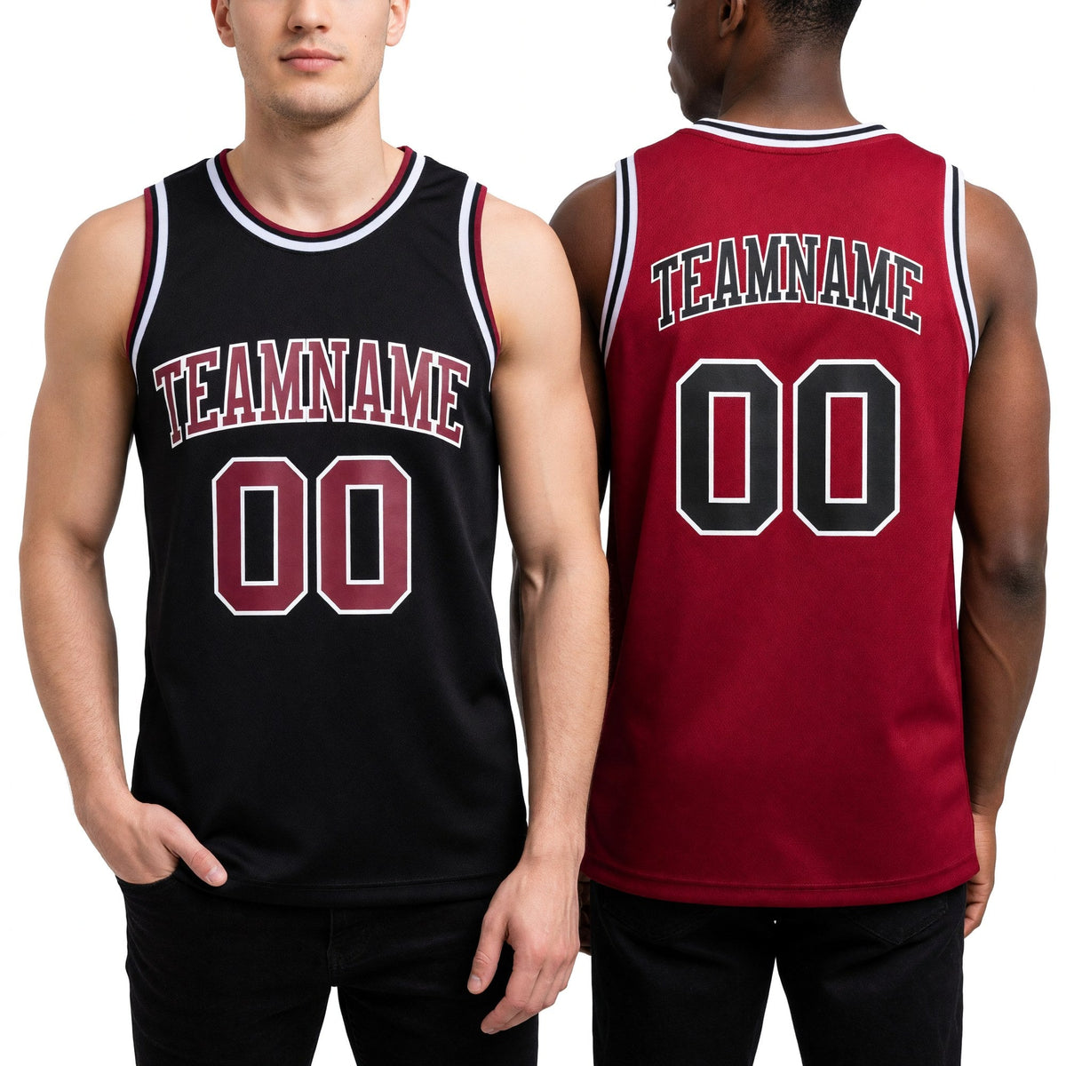Custom Reversible Black Maroon-White Double Side Sublimation Basketball Set Jersey worn front and back