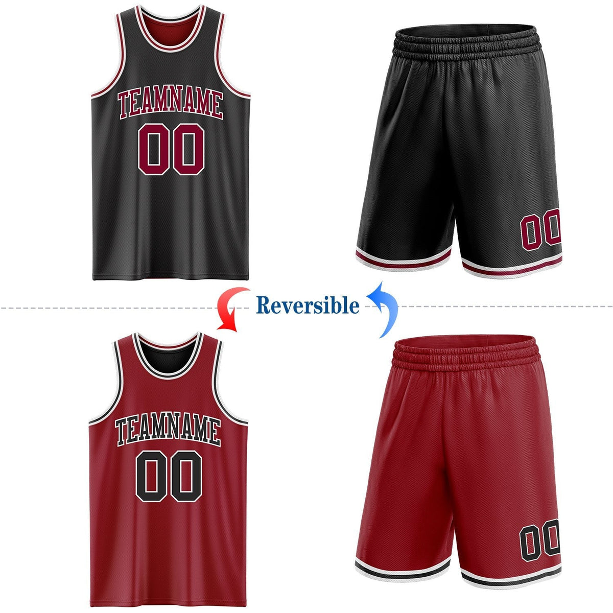 Custom Reversible Black Maroon-White Double Side Sublimation Basketball Set Jersey photo 2