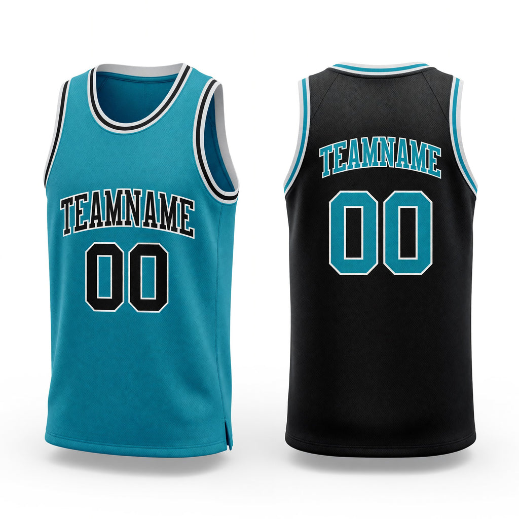 Custom Reversible Black Teal-White Double Side Sublimation Basketball Set Jersey