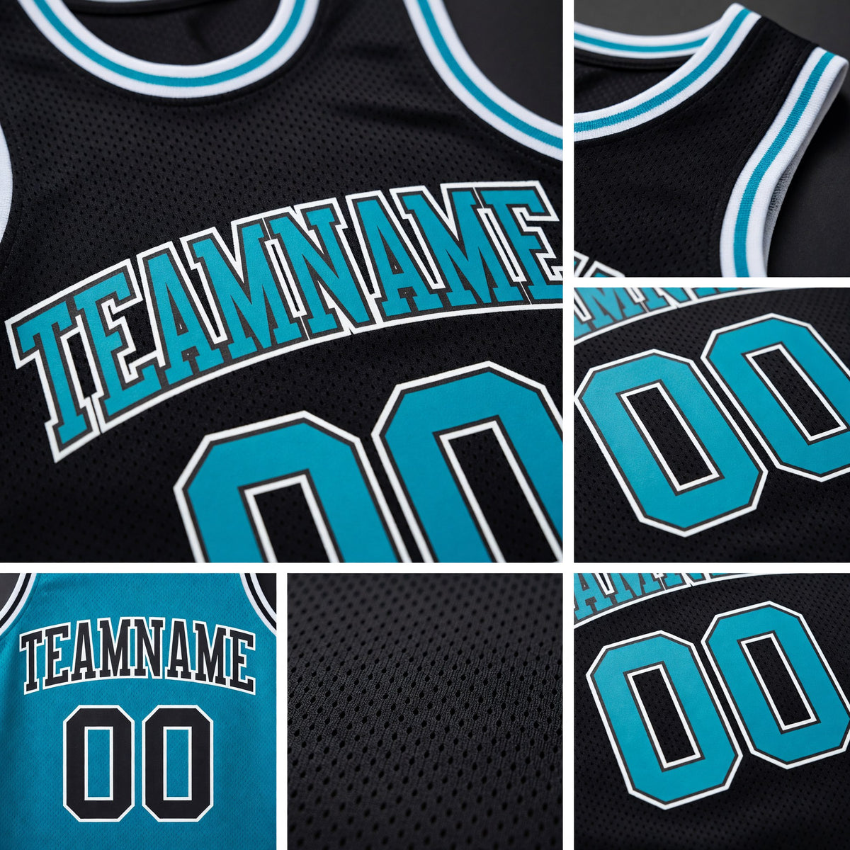 Custom Reversible Black Teal-White Double Side Sublimation Basketball Set Jersey detail
