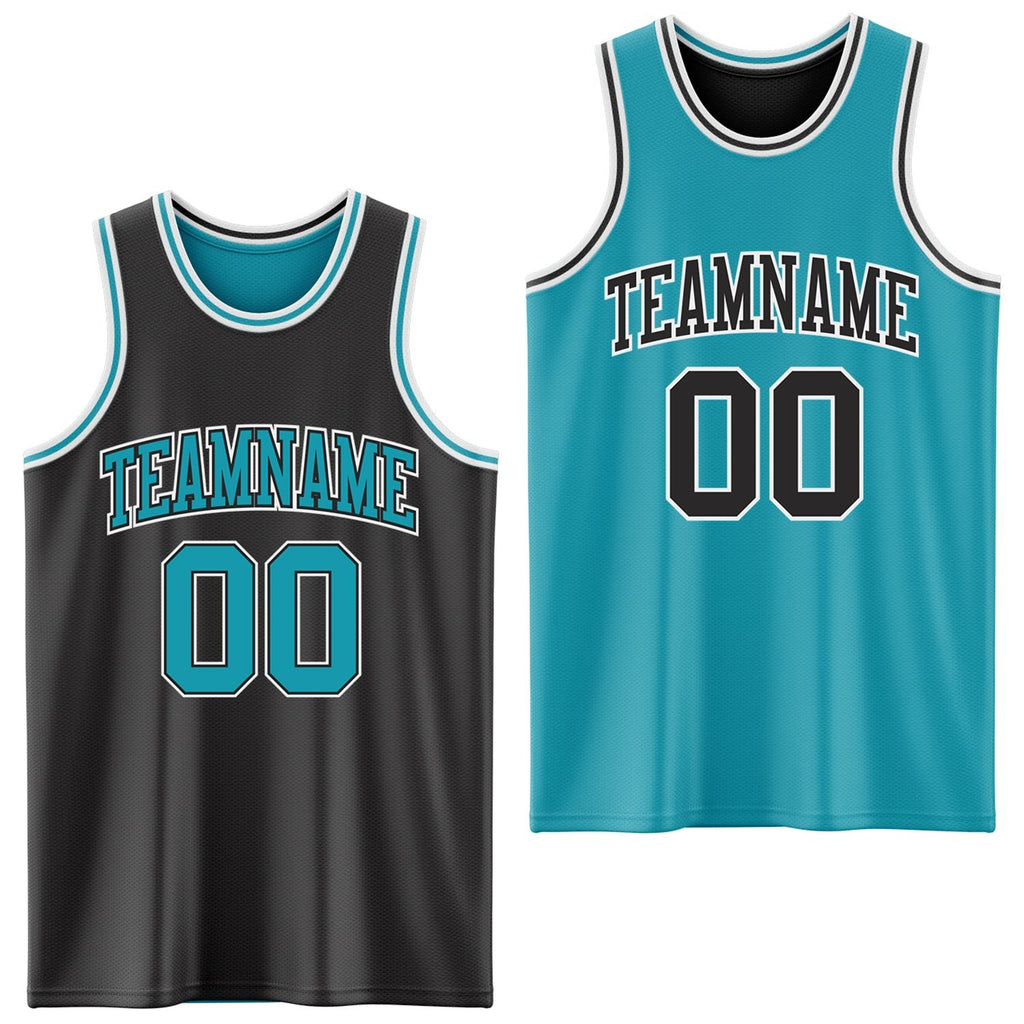 Custom Reversible Black Teal-White Double Side Sublimation Basketball Set Jersey photo 1