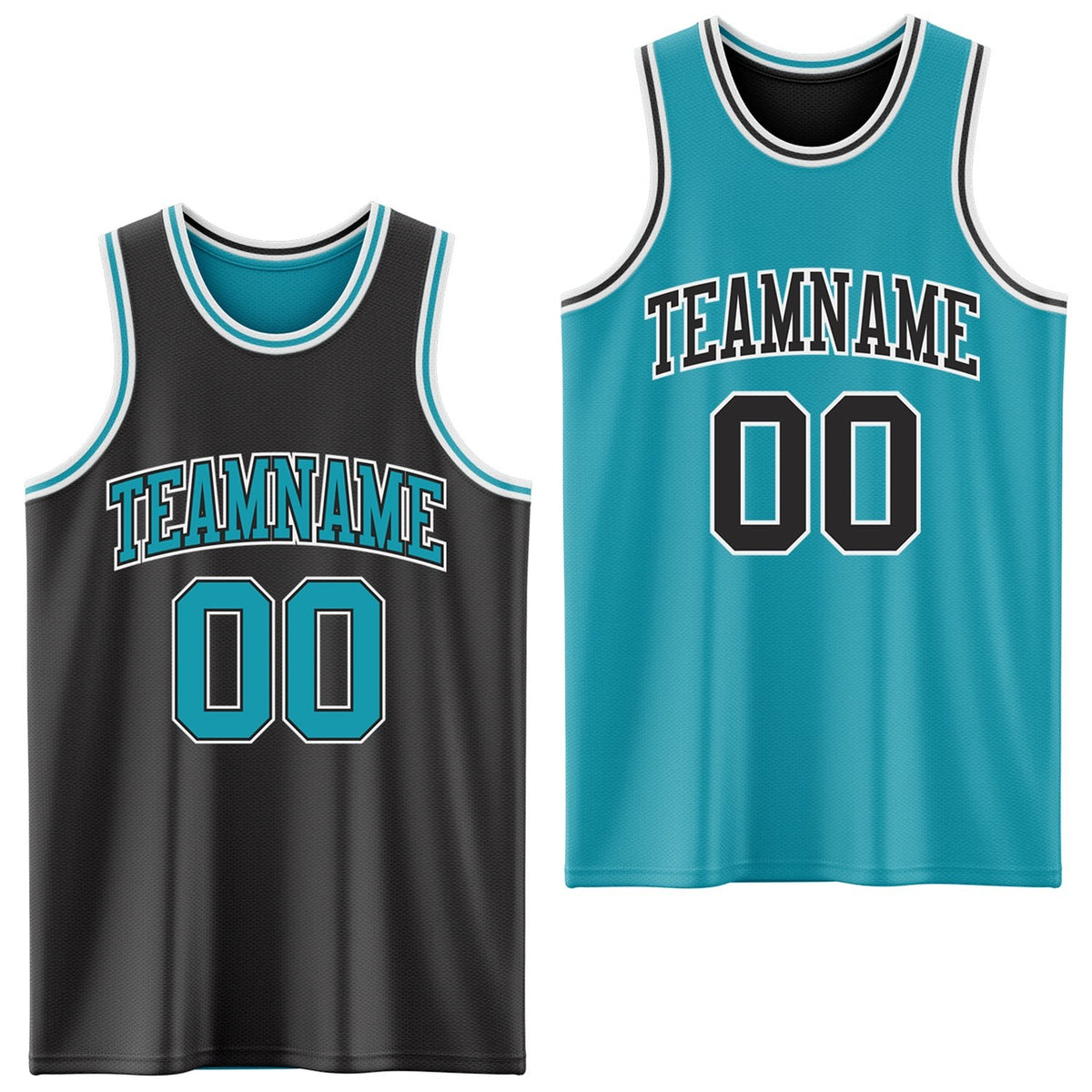 Custom Reversible Black Teal-White Double Side Sublimation Basketball Set Jersey photo 1