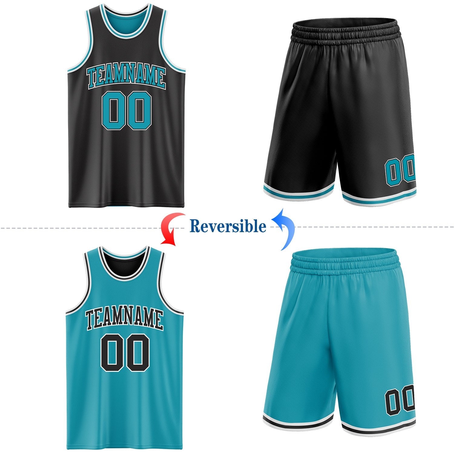 Custom Reversible Black Teal-White Double Side Sublimation Basketball Set Jersey photo 2