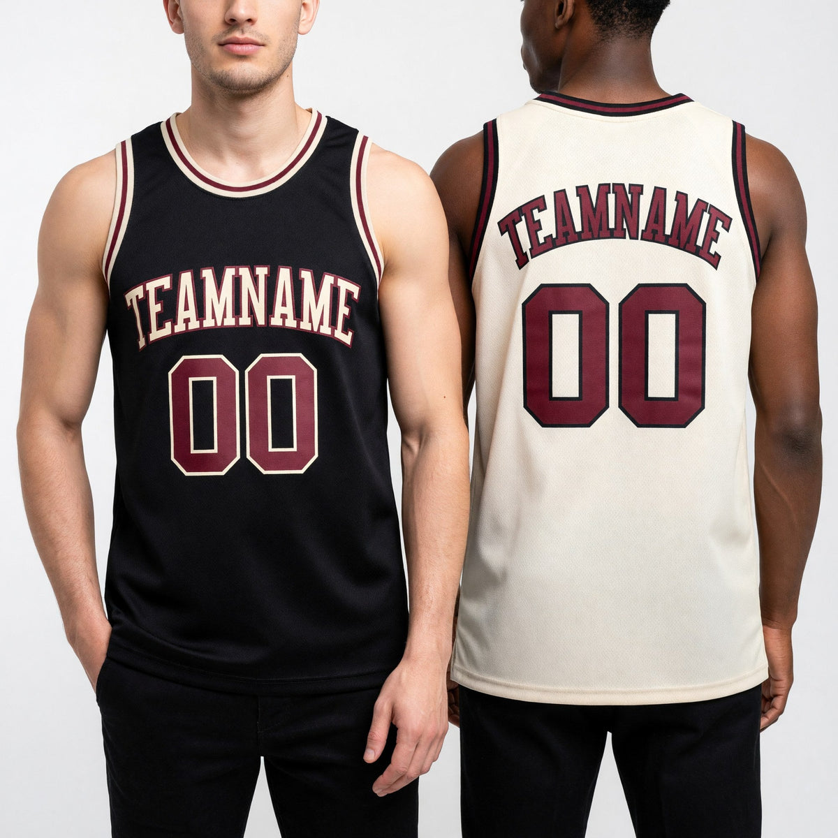 Custom Reversible Black Maroon-Cream Double Side Sublimation Basketball Set Jersey worn front and back