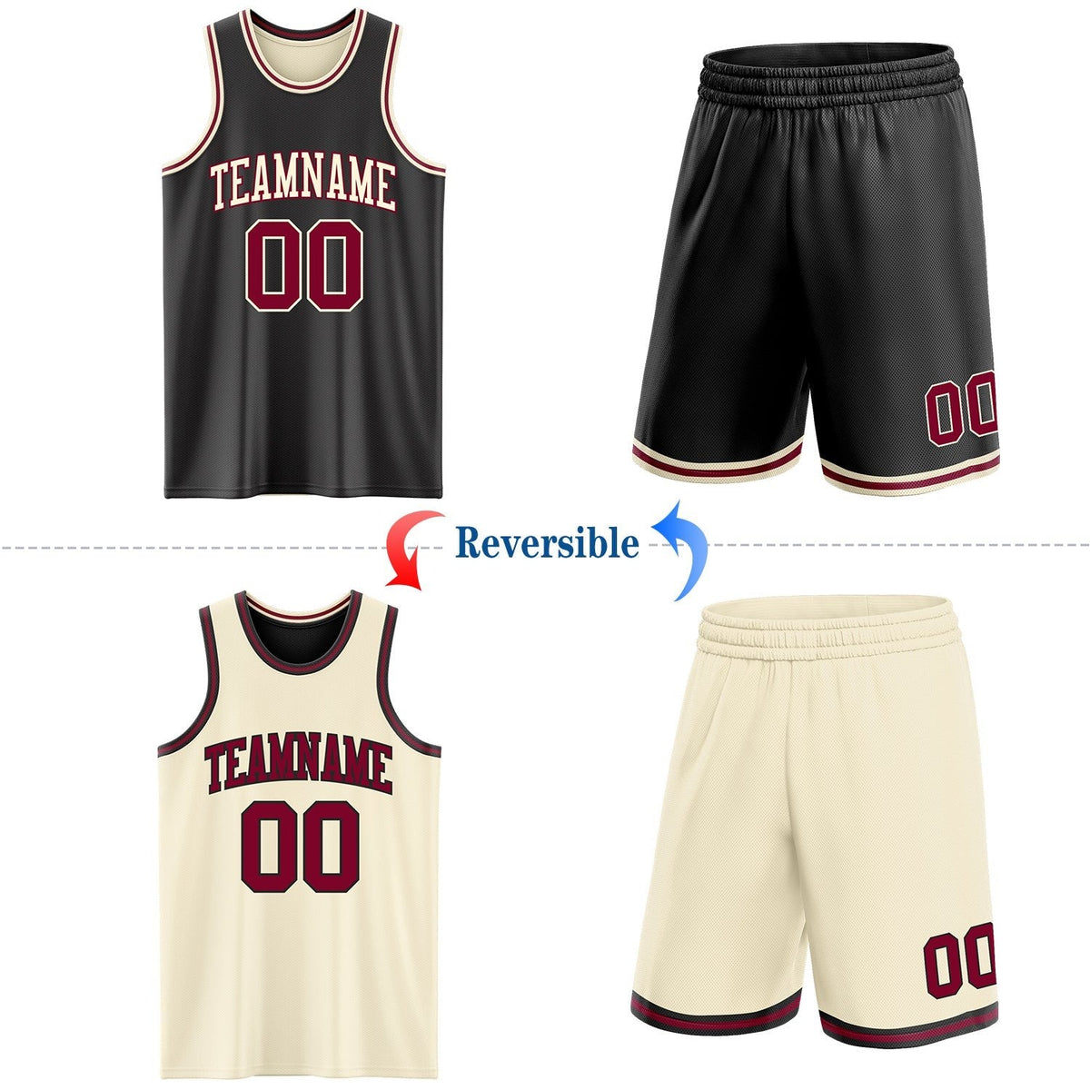 Custom Reversible Black Maroon-Cream Double Side Sublimation Basketball Set Jersey photo 2
