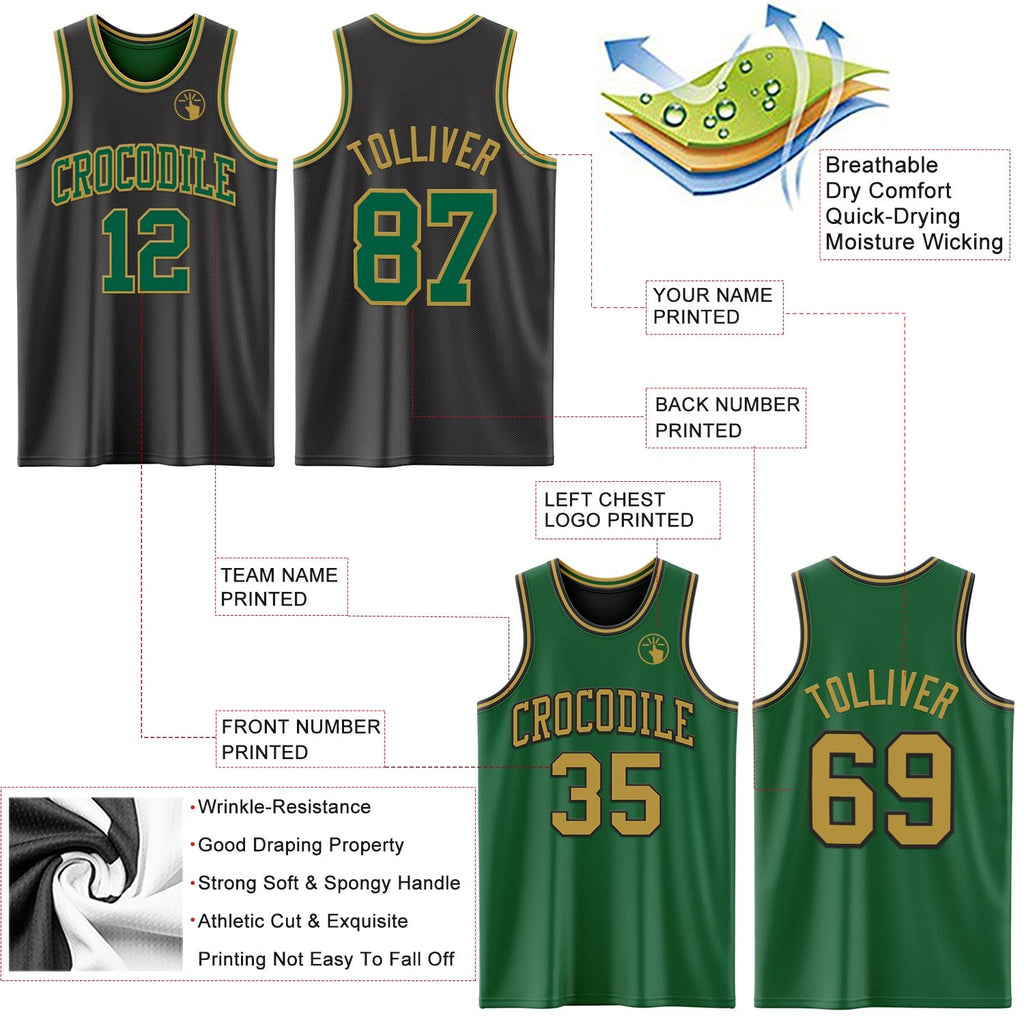 Custom Reversible Black Kelly Green-Old Gold Double Side Sublimation Basketball Set Jersey photo 5
