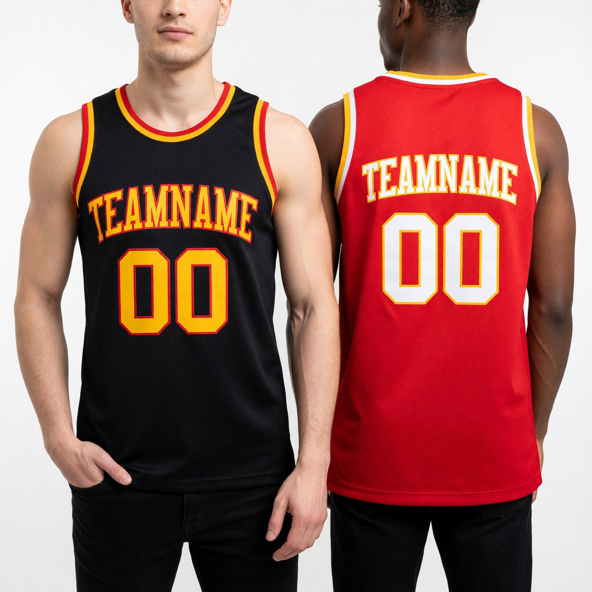 Custom Reversible Black Gold-Red Double Side Sublimation Basketball Set Jersey worn front and back
