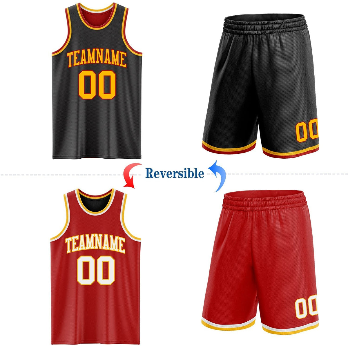 Custom Reversible Black Gold-Red Double Side Sublimation Basketball Set Jersey photo 2