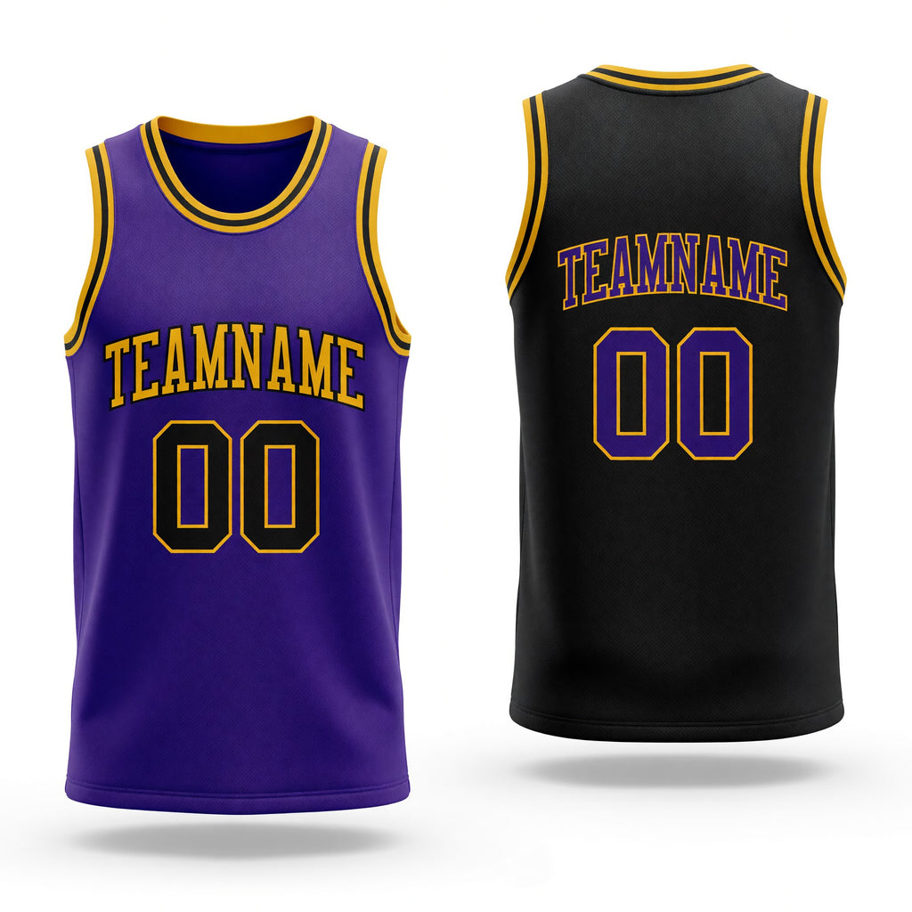 Custom Reversible Black Purple-Gold Double Side Sublimation Basketball Set Jersey