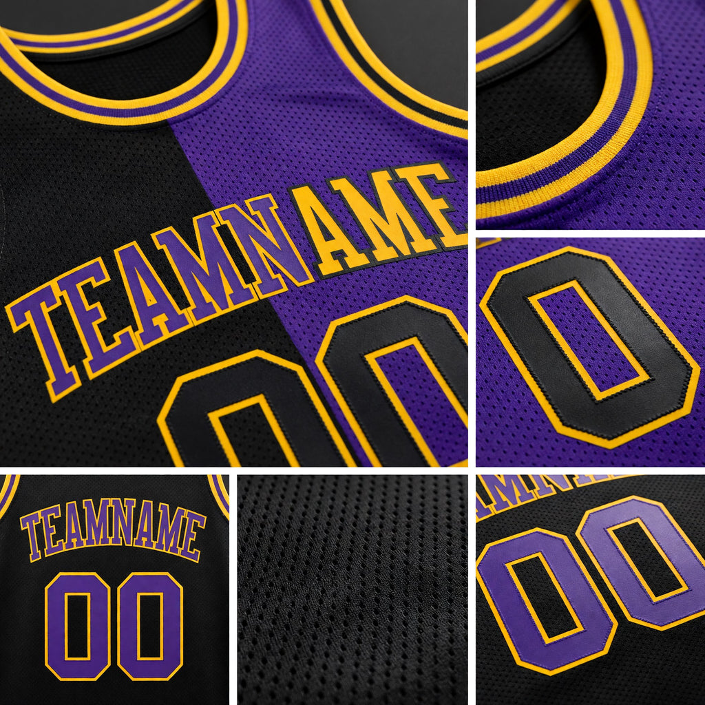 Custom Reversible Black Purple-Gold Double Side Sublimation Basketball Set Jersey detail
