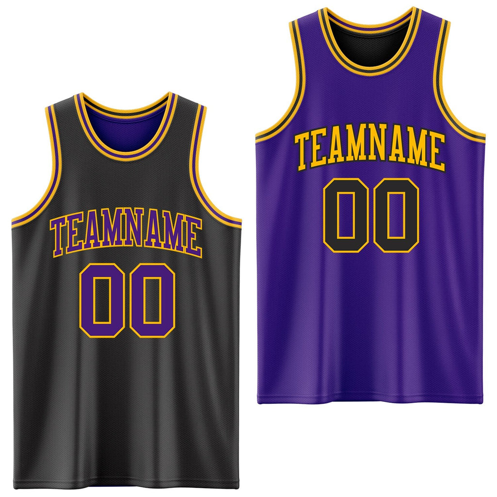 Custom Reversible Black Purple-Gold Double Side Sublimation Basketball Set Jersey photo 1