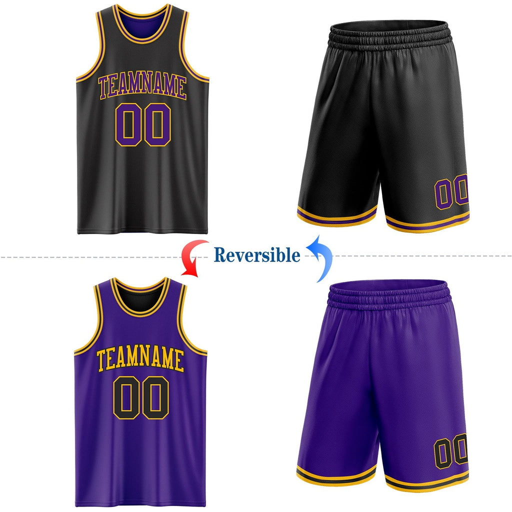 Custom Reversible Black Purple-Gold Double Side Sublimation Basketball Set Jersey photo 2