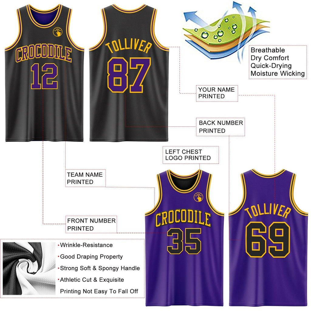 Custom Reversible Black Purple-Gold Double Side Sublimation Basketball Set Jersey photo 5